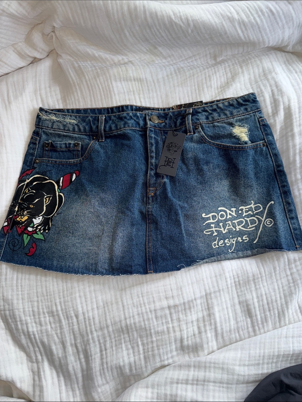 Ed Hardy Blue Denim Mini Skirt with Embroidered Panther Graphic